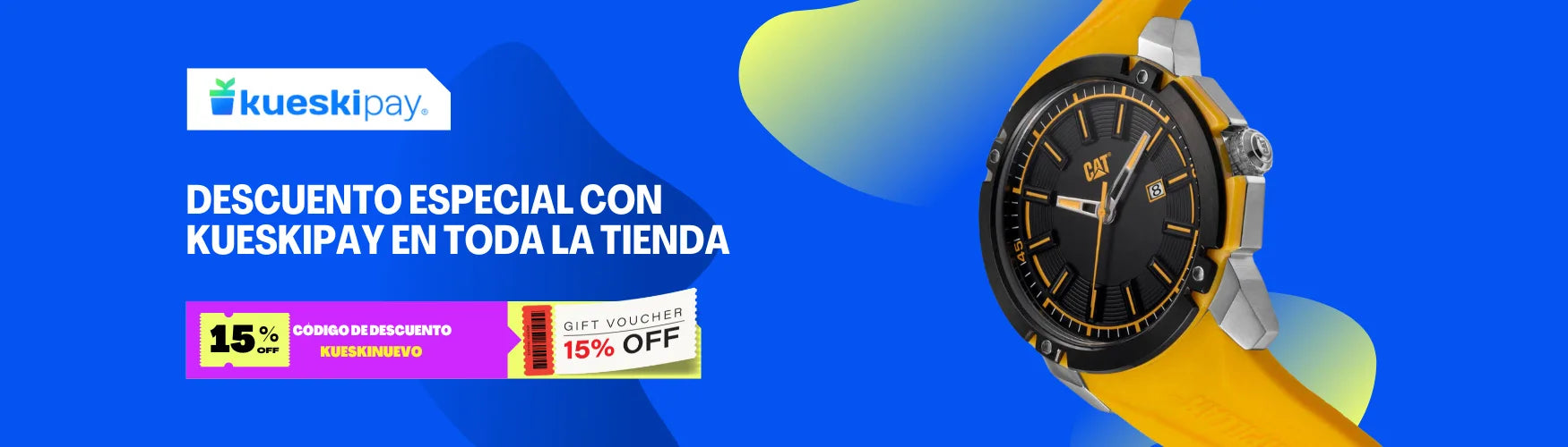 Promotional banner for Kueskipay offering 15% off discounts on purchases with a stylish watch design.